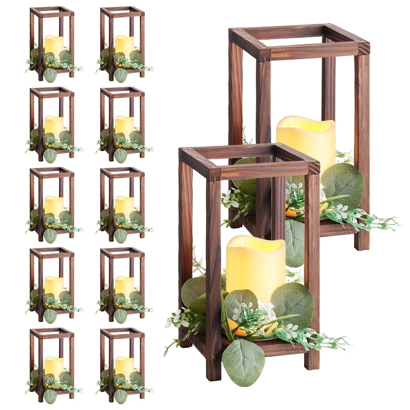 12 set/36 pcs wooden wedding lantern centerpiece, includes 12 wooden lantern candle holder 12 flameless led candle 12 eucalyptus leaves wreath for wedding table party farmhouse decor, brown