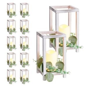 12 Set/36 Pcs Wooden Wedding Lantern Centerpiece, Includes 12 Wooden Lantern Candle Holder 12 Flameless LED Candle 12 Eucalyptus Leaves Wreath for Wedding Table Party Farmhouse Decor, White