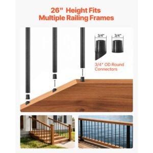 125 pack deck balusters, 26 in aluminum railing spindles, 3/4 in diameter hollow round metal decking stair balusters with connectors, screws, for deck, porch & staircase railing fence, black