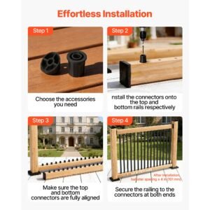 125 pack deck balusters, 26 in aluminum railing spindles, 3/4 in diameter hollow round metal decking stair balusters with connectors, screws, for deck, porch & staircase railing fence, black