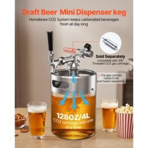 128oz mini keg, pressurized growler tap system, 304 stainless steel beer kit, with co2 regulator, self closing faucet, keeps fresh and carbonation for homebrew, craft and draft beer