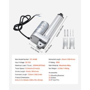 12v linear actuator, 4 inch ip65 waterproof linear actuator, 675lbs/3000n 0.2"/s motion actuators with mounting brackets for outdoor use