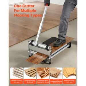 13 inch vinyl floor cutter, 16mm thick laminate flooring cutter with 15°/30°/45° adjustable angle settings, flexible wheels, telescoping handle, cuts engineered wood, lvt, vct, spc, lvp, wpc