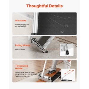 13 inch vinyl floor cutter, 16mm thick laminate flooring cutter with 15°/30°/45° adjustable angle settings, flexible wheels, telescoping handle, cuts engineered wood, lvt, vct, spc, lvp, wpc