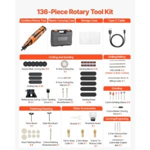 136 piece cordless rotary tool kit, dc8v portable mini power rotary tool, 5 speeds 5000 30000rpm multi purpose diy tools for engraving, sanding, polishing, carving, grinding, cutting, diy craft