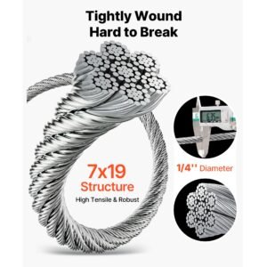 1/4 inch wire rope, 250 ft length, zinc galvanized carbon steel cable with gloves, 7000 lbs breaking strength, 7 x 19 strands construction, wire cable for deck railing system, garden trellis