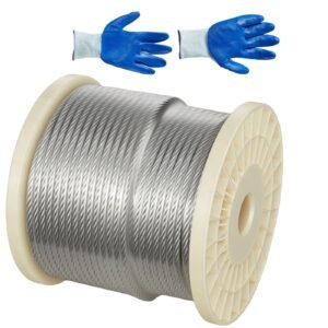 1/4 Inch Wire Rope, 250 ft Length, Zinc Galvanized Carbon Steel Cable with Gloves, 7000 lbs Breaking Strength, 7 x 19 Strands Construction, Wire Cable for Deck Railing System, Garden Trellis