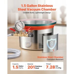 1.5 gallon vacuum chamber, stainless steel, vacuum degassing chamber with tempered glass lid, hose, air filter, for resin casting, stabilizing wood, degassing silicone, epoxies, essential oils