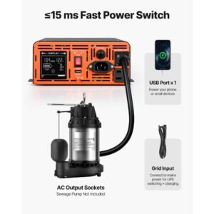 1500w sump pump battery backup system, lcd display, auto switches to battery inverter power for sump pump, pure sine wave, for basement protection emergency power outage, batteries not included