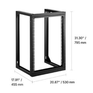 15u wall mount server rack, 150 lbs max load capacity, open frame network rack with 180 degrees gate swing, carbon steel, for 19 inch it network equipment & av devices computer server, black
