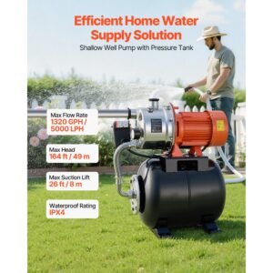 1.6 hp shallow well pump with pressure tank, 120v 1320 gph, stainless steel irrigation jet pump with 5 gal pressure tank, automatic water booster system, for home garden lawn, potable water