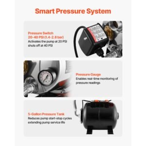 1.6 hp shallow well pump with pressure tank, 120v 1320 gph, stainless steel irrigation jet pump with 5 gal pressure tank, automatic water booster system, for home garden lawn, potable water