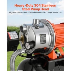 1.6 hp shallow well pump with pressure tank, 120v 1320 gph, stainless steel irrigation jet pump with 5 gal pressure tank, automatic water booster system, for home garden lawn, potable water