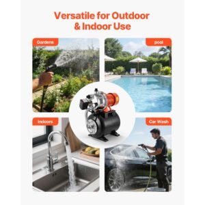 1.6 hp shallow well pump with pressure tank, 120v 1320 gph, stainless steel irrigation jet pump with 5 gal pressure tank, automatic water booster system, for home garden lawn, potable water