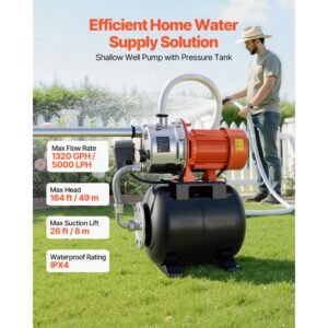 1.6 hp shallow well pump with pressure tank, 120v 1320 gph, stainless steel irrigation jet pump with 5 gal tank, automatic water booster system, 20/40 psi pressure switch, for home garden lawn