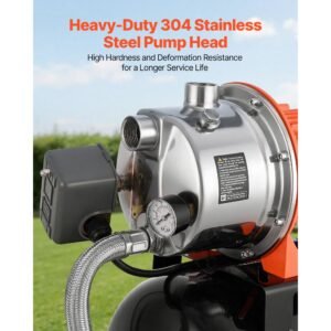 1.6 hp shallow well pump with pressure tank, 120v 1320 gph, stainless steel irrigation jet pump with 5 gal tank, automatic water booster system, 20/40 psi pressure switch, for home garden lawn