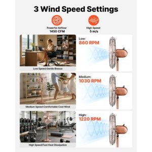 16 inch high velocity pedestal fan, 1450 cfm industrial standing floor fan with handle, 75° oscillating, 3 speed adjustable height, metal made for commercial, garage, workshop, home, copper