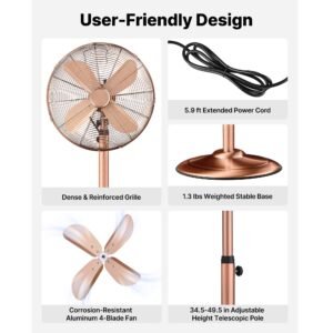 16 inch high velocity pedestal fan, 1450 cfm industrial standing floor fan with handle, 75° oscillating, 3 speed adjustable height, metal made for commercial, garage, workshop, home, copper