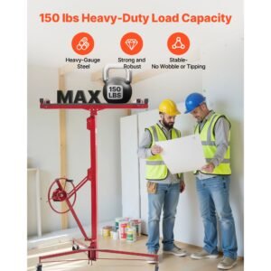 16ft drywall lift, heavy duty 150 lbs sheetrock hoist with adjustable telescoping arm, lockable wheels, drywall lifter panel jack hoist tools ideal for ceiling & wall installation (red)