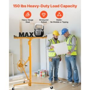 16ft drywall lift, heavy duty 150 lbs sheetrock hoist with adjustable telescoping arm, lockable wheels, drywall lifter panel jack hoist tools ideal for ceiling & wall installation (yellow)