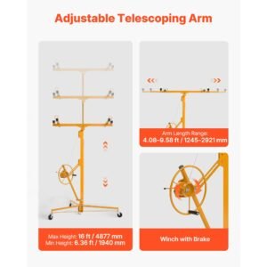 16ft drywall lift, heavy duty 150 lbs sheetrock hoist with adjustable telescoping arm, lockable wheels, drywall lifter panel jack hoist tools ideal for ceiling & wall installation (yellow)