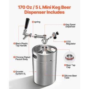 170oz mini keg, pressurized growler tap system, 304 stainless steel beer kit, with co2 regulator, self closing faucet, keeps fresh and carbonation for homebrew, craft and draft beer
