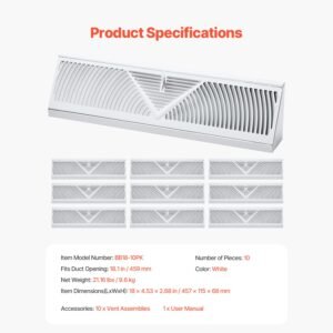 18 inch floor registers, 10 pack baseboard registers, hvac heavy duty walkable iron floor vents, rustproof anti peeling air vents deflector adjustable with metal damper for home & office, white