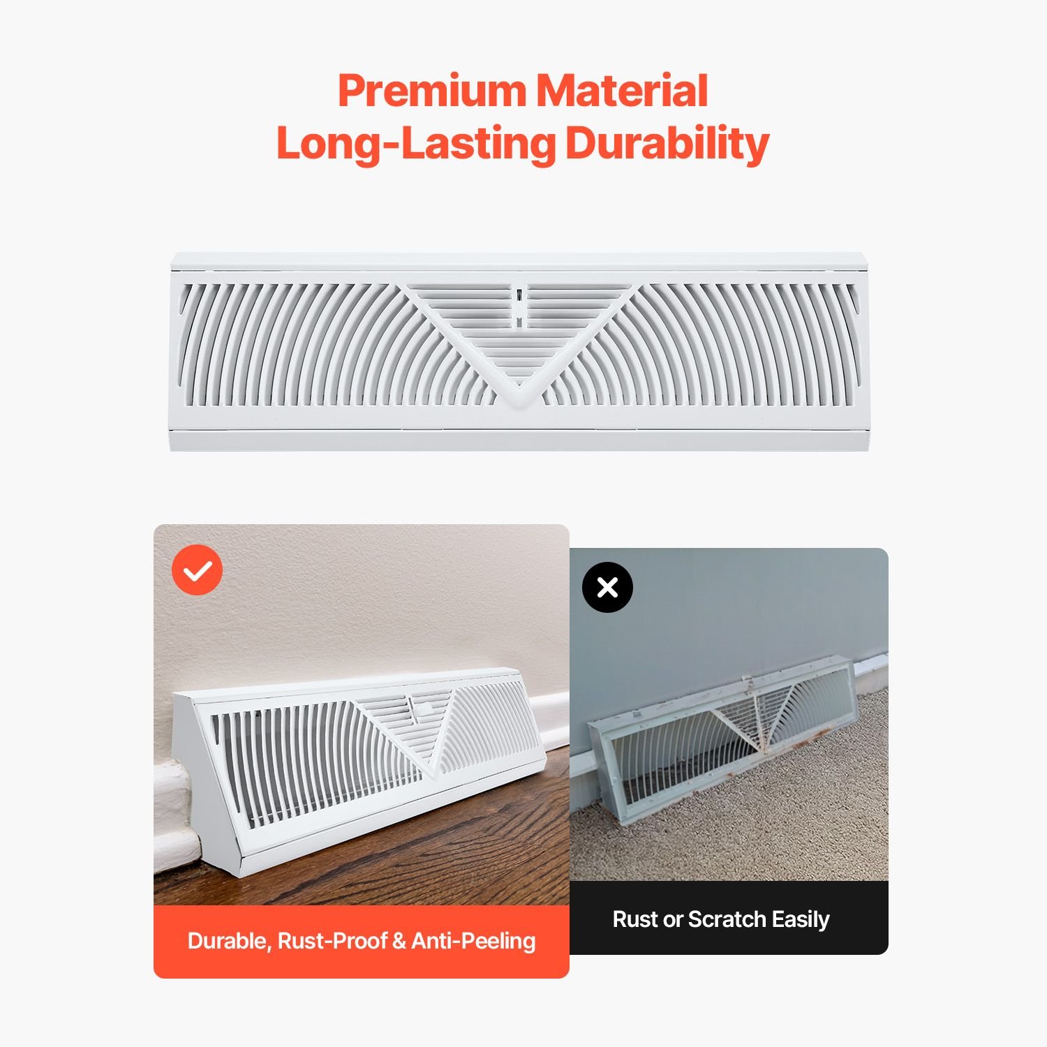 18 inch floor registers, 10 pack baseboard registers, hvac heavy duty walkable iron floor vents, rustproof anti peeling air vents deflector adjustable with metal damper for home & office, white