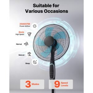 18 inch pedestal fan, 2700 cfm standing floor fan with remote control, 9 speeds & 3 modes, oscillating adjustable height, quiet dc motor 5 blade for home, bedroom, garage, workshop, black