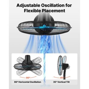 18 inch pedestal fan, 2700 cfm standing floor fan with remote control, 9 speeds & 3 modes, oscillating adjustable height, quiet dc motor 5 blade for home, bedroom, garage, workshop, black