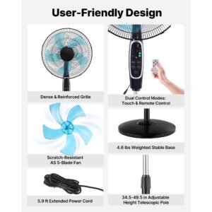 18 inch pedestal fan, 2700 cfm standing floor fan with remote control, 9 speeds & 3 modes, oscillating adjustable height, quiet dc motor 5 blade for home, bedroom, garage, workshop, black