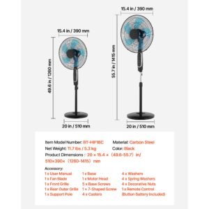 18 inch pedestal fan, 2700 cfm standing floor fan with remote control, 9 speeds & 3 modes, oscillating adjustable height, quiet dc motor 5 blade for home, bedroom, garage, workshop, black