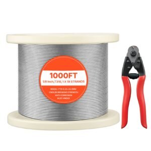 1/8 Inch Wire Rope, 1000 ft Length, 316 Stainless Steel Wire Cable with Cutter, 1760 lbs Breaking Strength, 1 x 19 Strands Construction, Steel Cable for Deck Railing System, Garden Trellis