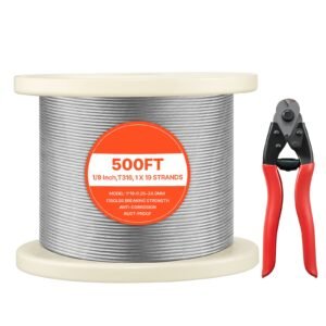 1/8 Inch Wire Rope, 500 ft Length, 316 Stainless Steel Wire Cable with Cutter, 1760 lbs Breaking Strength, 1 x 19 Strands Construction, Steel Cable for Deck Railing System, Garden Trellis