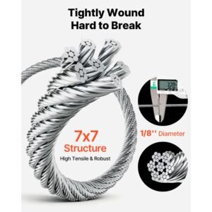 1/8 inch wire rope kit, 100 ft length, 304 stainless steel wire cable with cutter, 1600 lbs breaking strength, 7 x 7 strands construction, steel cable for deck railing system, garden trellis