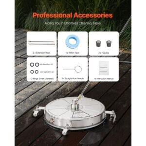 18" pressure washer surface cleaner, stainless steel pressure washer attachments with 4 wheels, 4000 max psi, 1/4 quick connector, 2 spray nozzles, 2 extended wands for concrete, patio, deck