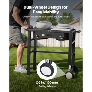 2 burner outdoor propane gas stove, 150,000 btu propane lpg gas camping stove, foldable heavy duty carbon steel outdoor cooker, with wheels & shield & 20 psi regulator, for bbq camp home patio