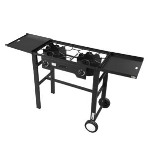 2 Burner Outdoor Propane Gas Stove, 150,000 BTU Propane LPG Gas Camping Stove, Foldable Heavy-duty Carbon Steel Outdoor Cooker, with Wheels & Shield & 20 PSI Regulator, for BBQ Camp Home Patio