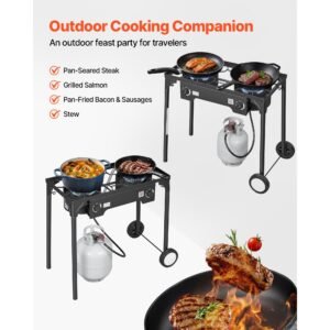 2 burner outdoor propane gas stove, 150,000 btu propane lpg gas camping stove, heavy duty carbon steel outdoor cooker, with 2 wheels & 20 psi regulator & hose, for bbq camp home patio backyard