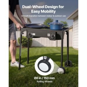 2 burner outdoor propane gas stove, 150,000 btu propane lpg gas camping stove, heavy duty carbon steel outdoor cooker, with 2 wheels & 20 psi regulator & hose, for bbq camp home patio backyard