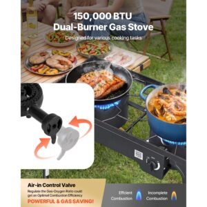 2 burner outdoor propane gas stove, 150,000 btu propane lpg gas camping stove, heavy duty carbon steel outdoor cooker, with 2 wheels & 20 psi regulator & hose, for bbq camp home patio backyard