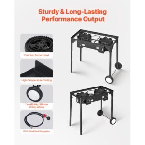 2 burner outdoor propane gas stove, 150,000 btu propane lpg gas camping stove, heavy duty carbon steel outdoor cooker, with 2 wheels & 20 psi regulator & hose, for bbq camp home patio backyard