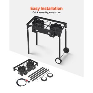 2 burner outdoor propane gas stove, 150,000 btu propane lpg gas camping stove, heavy duty carbon steel outdoor cooker, with 2 wheels & 20 psi regulator & hose, for bbq camp home patio backyard