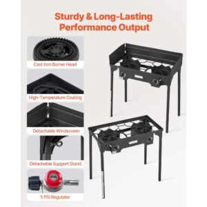 2 burner outdoor propane gas stove, 150,000 btu propane lpg gas camping stove, heavy duty carbon steel outdoor cooker, with shield & tall stand & psi regulator, for bbq camp home patio backyard