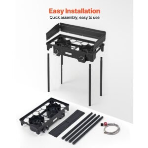 2 burner outdoor propane gas stove, 150,000 btu propane lpg gas camping stove, heavy duty carbon steel outdoor cooker, with shield & tall stand & psi regulator, for bbq camp home patio backyard