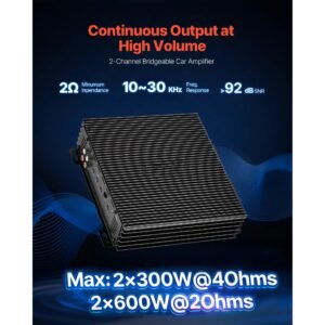 2 channel car audio amplifier 2 ohm stable bridgeable class a/b full range stereo amp max power 2 x 300w @ 4 ohm / 2 x 600w @ 2 ohm for car suv truck off road