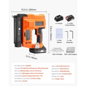 2 in 1 cordless brad nailer, 18 gauge, 20v battery powered nail gun and staple gun, with 500 pcs nails, 500 pcs staples, 2.0 ah li ion battery and charger, for home improvement, woodworking