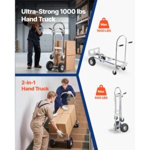 2 in 1 hand truck, 1000 lbs load capacity for 4 wheel mode, convertible hand truck dolly with non slip handle & wheels, portable trolley dolly for moving home, office, warehouse, supermarket