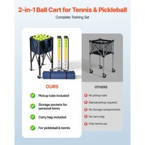 2 in 1 tennis & pickleball hopper, with pickup tube, foldable pickleball basket cart with with wheels, holds 150 tennis balls or 260 pickleballs, portable pickleball caddy holder, for training