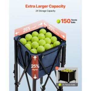2 in 1 tennis & pickleball hopper, with pickup tube, foldable pickleball basket cart with with wheels, holds 150 tennis balls or 260 pickleballs, portable pickleball caddy holder, for training